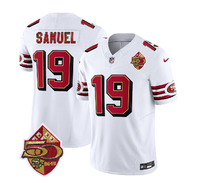 Men's San Francisco 49ers #19 Deebo Samuel White 2023 F.U.S.E. 50th Patch Throwback Football Stitched Jersey